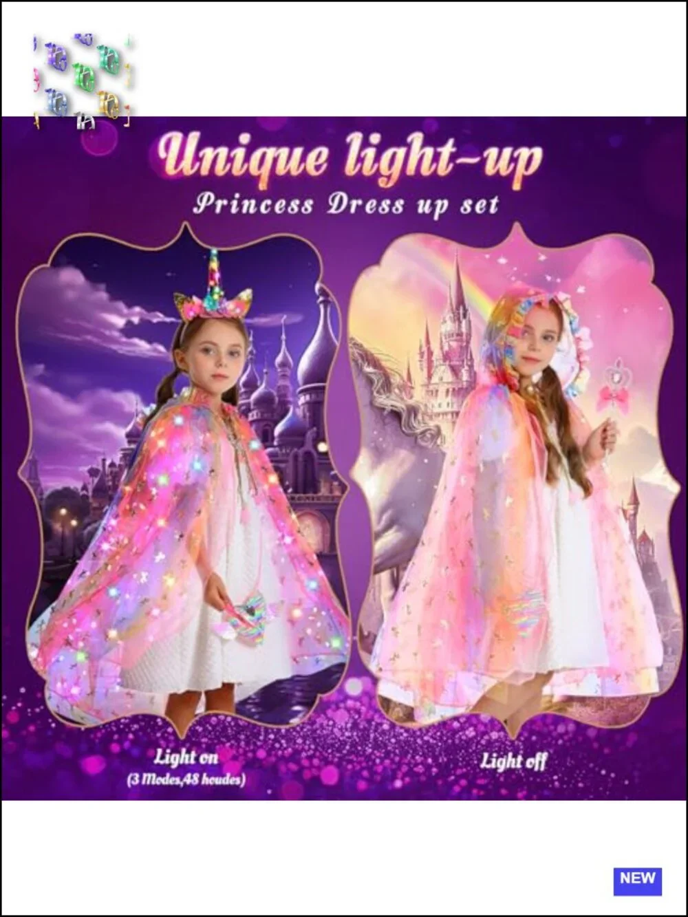 Light Up Unicorn Princess Cape Set with Headband, Accessories, Girls Costume